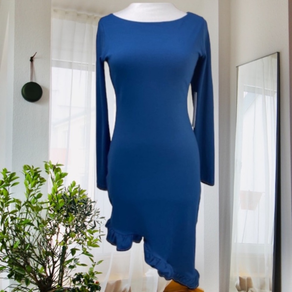 Susana Monaco Imperial Blue Long Sleeve Curved Ruffle Hem Dress - Picture 5 of 13